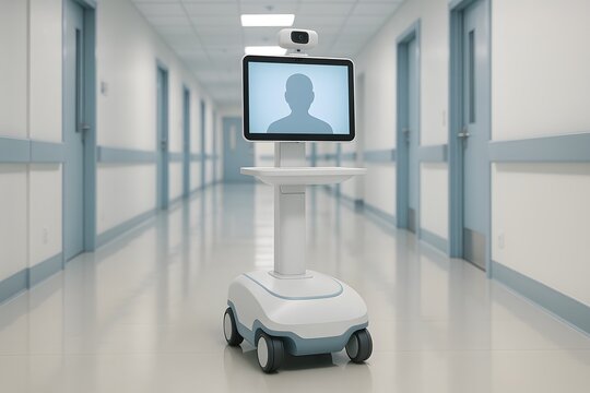Telepresence robot in a hospital hallway providing remote medical assistance and virtual care using modern technology for telehealth and patient monitoring - Powered by Adobe