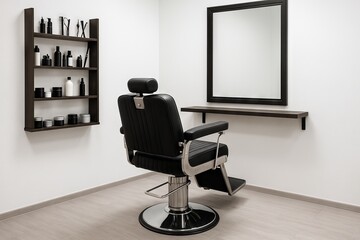 Modern barbershop interior with stylish black barber chair and minimalist shelving for grooming essentials in contemporary setting