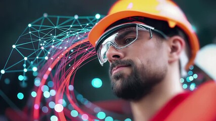 Man wearing virtual reality headset with digital network connections. Futuristic technology experience with glowing data visualization effects. Modern vr goggles interface with neon light bokeh - Powered by Adobe
