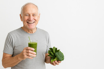 Senior man enjoying healthy green smoothie with fresh vegetables in simple setting. concept of healthy lifestyle, nutrition, balanced diet, copy space