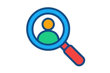 Colorful icon of magnifying glass with simple human figure symbol illustrating search concept for user identification and online profile discovery