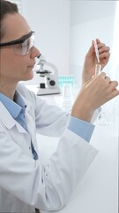 Female scientist wearing a face mask and gloves, carefully dropping liquid from a pipette into a...