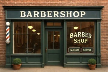 Classic barbershop facade featuring vintage signage and traditional barber pole on urban brick street. concept of nostalgia, grooming culture, timeless style.