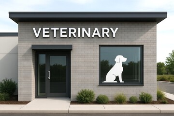 Vet clinic exterior featuring large white dog silhouette on brick wall, concept of veterinary services, animal health care, modern pet clinic design