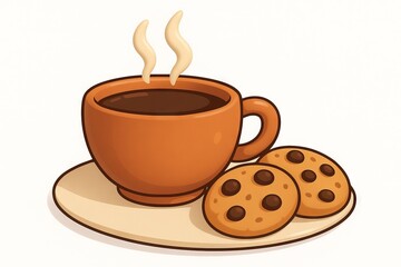 Coffee and cookies delight with steaming cup and chocolate chip cookies on plate. concept of cozy break, sweet treat, comfort snack