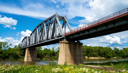 Fototapeta premium A metal railway bridge spanning a river under a partly cloudy sky