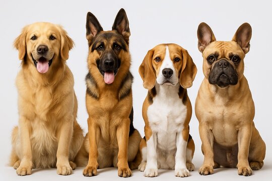 Various dog breeds sitting side by side on white background. concept of canine variety, pet companionship, dog breed diversity