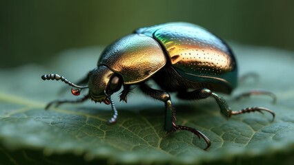 Naklejka premium Close-up of a metallic beetle on a leaf