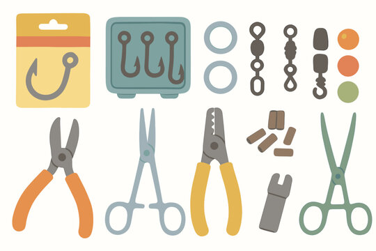 Fishing tools flat icon set. hooks, scissors, tackle collection.
