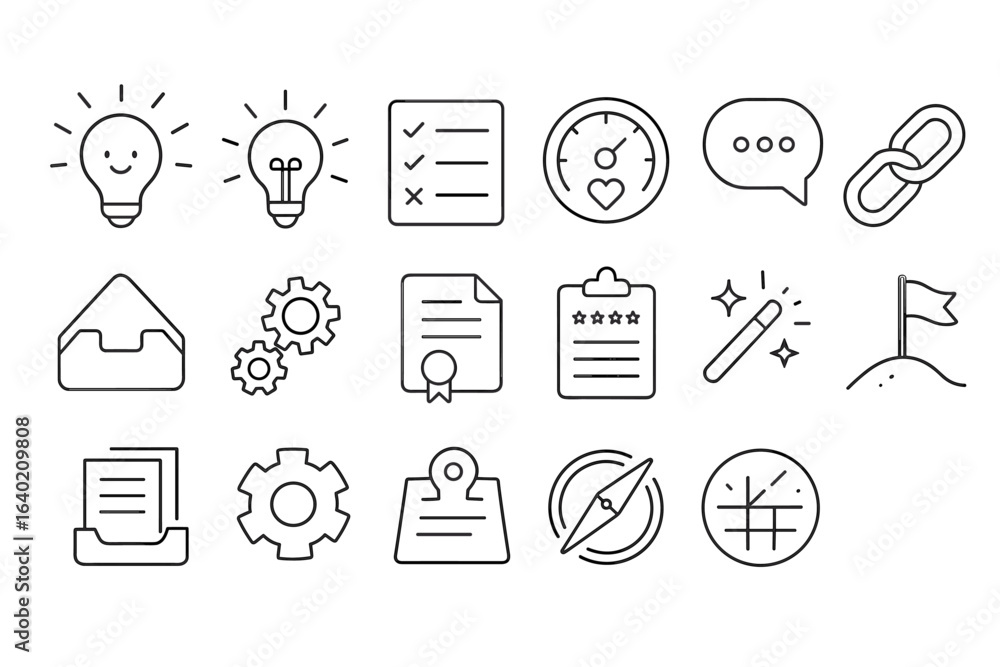 Poster productivity and task management icon set. flat style efficiency, tools collection