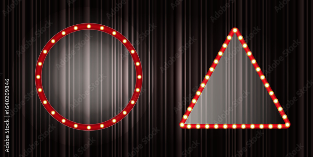 Aufkleber two illuminated shapes, one circular and one triangular, are set against a dark curtain backdrop. th