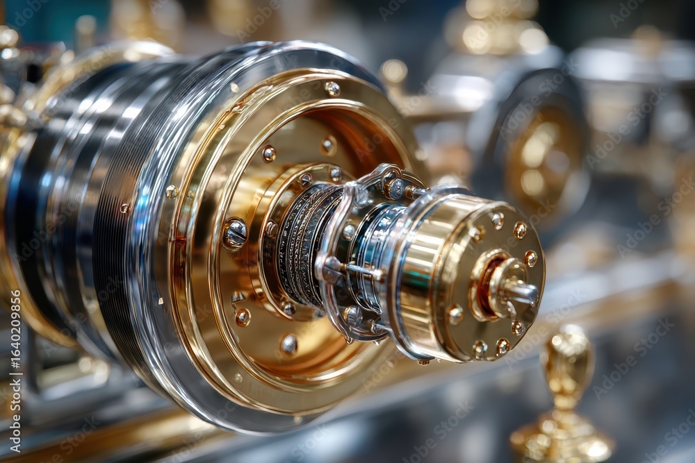 Poster intricate details of a brass machine component in a workshop setting