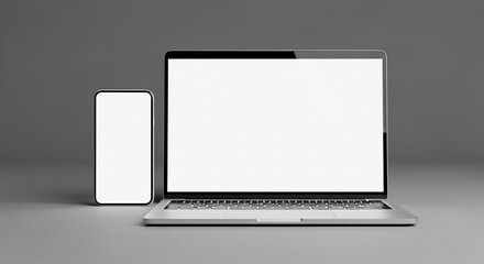 Sleek modern laptop and smartphone showcase blank screens for your creative content presentation and digital marketing needs