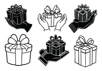 Gift-giving art: Artfully illustrated sets of hands tenderly present gift boxes, each adorned with ribbons. Perfect for conveying messages of generosity and appreciation.