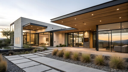 A modern home exterior showcased in golden-hour light, presenting a sleek, minimalist facade of clean geometric lines, floor-to-ceiling glass panels, and a combination of natural materials