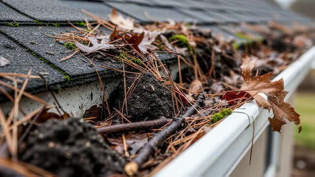Detailed shot of overfilled gutter showing accumulated natural waste along roof edge.
