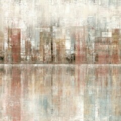 Abstract cityscape, muted tones, textured, reflecting water