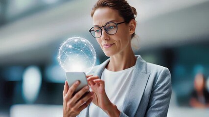 Professional businesswoman with smartphone and digital global network hologram. Technology executive using mobile device with virtual connectivity sphere. Corporate leader accessing solutions. - Powered by Adobe