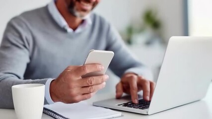 Professional businessman using smartphone and laptop at office desk. Executive multitasking with mobile device and computer while drinking coffee. Corporate worker managing digital communication. - Powered by Adobe