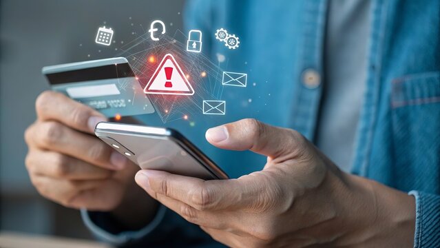Man holding credit card and smartphone with digital warning icons and security alerts - Powered by Adobe