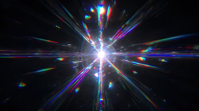 Abstract digital artwork; a bright central point radiating colorful distorted lines and fragments across a black background