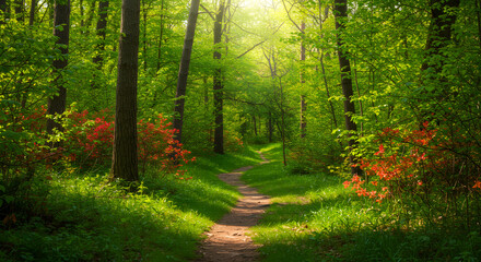 Obraz premium Enchanting forest path with vibrant red azaleas and sunlight filtering through trees