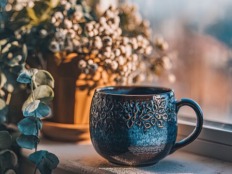 A dark blue mug sits on a windowsill, bathed in sunlight, beside plants - Powered by Adobe
