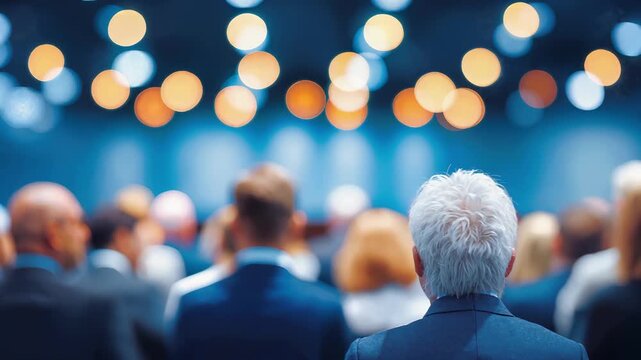Business executive at corporate conference with bokeh lights and blurred audience. Professional meeting with mature businessman in suit attending seminar. Elegant event atmosphere.