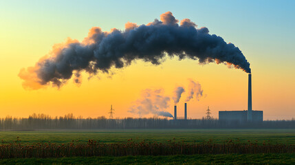 Industrial factory emitting dense black smoke into sky at sunset, creating stark contrast against colorful horizon. scene highlights environmental concerns