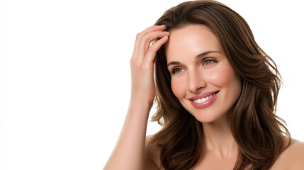 Obraz premium Smiling woman touching her hair in a bright, well-lit environment during daytime