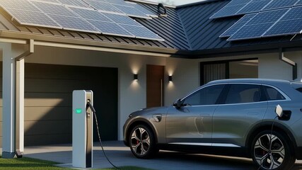 Ecoconscious household with electric SUV charging station and clean energy solar panels on roof. - Powered by Adobe