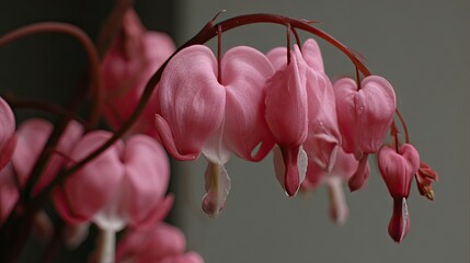 Delicate pink bleeding heart flowers cascade downward on dark stems. Soft focus