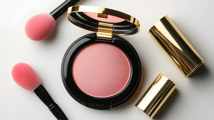 Compact powder with matte finish is displayed alongside mirror, sponge, and puff, creating elegant and luxurious feel. gold accents add touch of sophistication