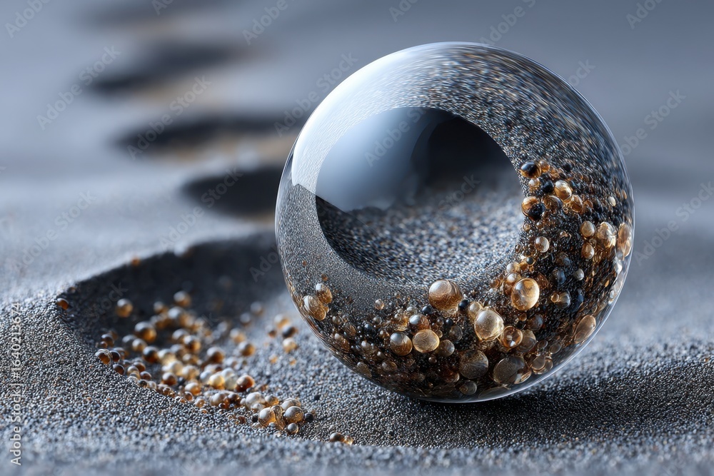Poster unique spherical glass object filled with grains on textured surface at close range