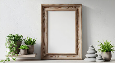 Rustic wooden frame with plants and stacked stones