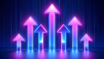 Neon arrows pointing up concept for business growth and success in dark background