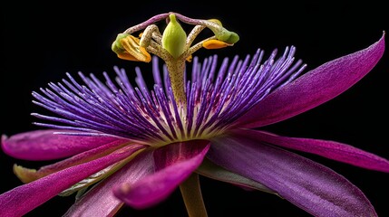 A Vibrant Passion Flower Unveiling Its Beauty A Captivating Close Up of Nature's Intricate Design on a Black Backdrop