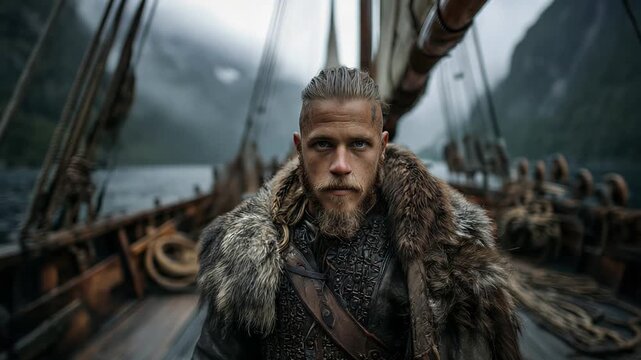 A Viking warrior stands on a ship in a foggy fjord, showcasing bravery