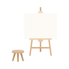 Wooden frame easel with blank canvas and stool for display or art vector illustration