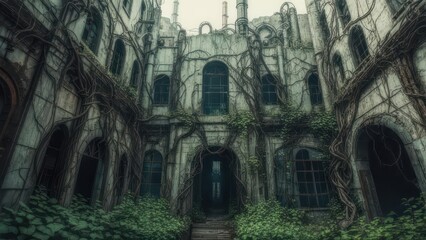 Decaying mansion overgrown with vines