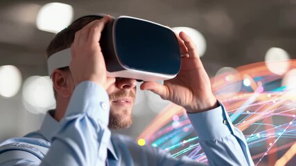 Business professional wearing vr headset with colorful digital light projections. Virtual reality technology concept, immersive experience visualization. Futuristic augmented innovation. - Powered by Adobe