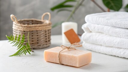 Natural soap bar with spa accessories and greenery