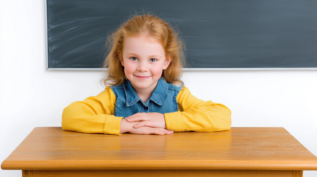 Smiling girl at desk in classroom with chalkboard behind her during school day