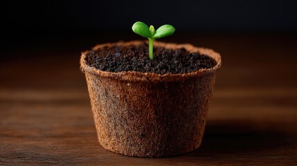 Tiny sprout emerging from soil in a small brown pot