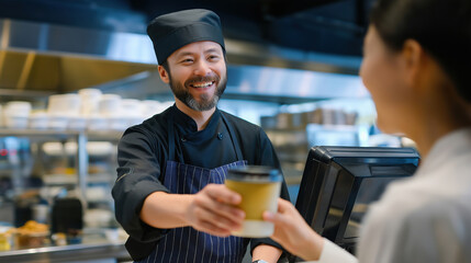 Barista serves coffee to customer in a lively cafe setting during the morning rush