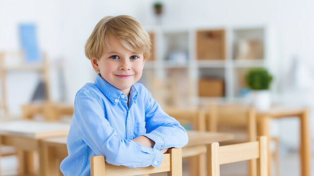 Young boy smiling happily in a classroom setting during the school day