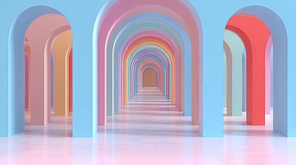Fototapeta premium Colorful arched hallway perspective. Pastel arches line a long passage