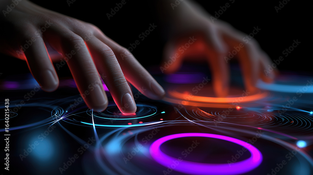 Poster creative hands interacting with a colorful digital interface in a dark environment