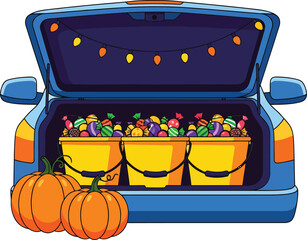 Vector art of halloween trunk or treat with pumpkins and candy buckets isolated on white background
