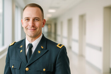 High resolution, ultra realistic portrait of a confident military officer in formal dress uniform, smiling while standing in a bright, empty hallway, exuding professionalism and pride, with copy space